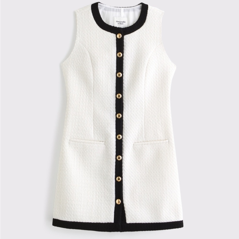 Abercrombie & Fitch White Sleeveless Tweed Shift Dress with Black Trim